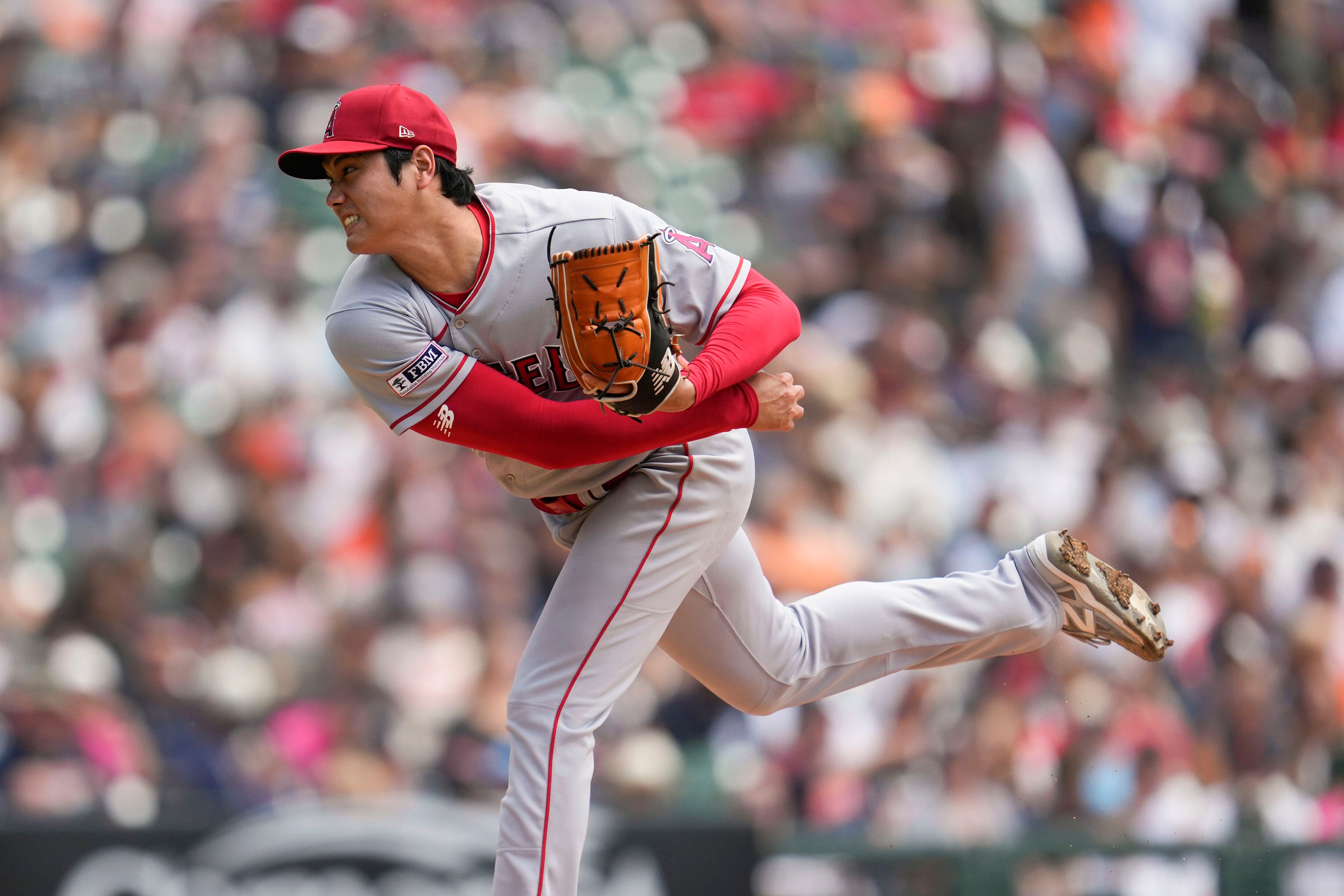 FILE - Los Angeles Angels' Shohei Ohtani, wearing a samurai helmet