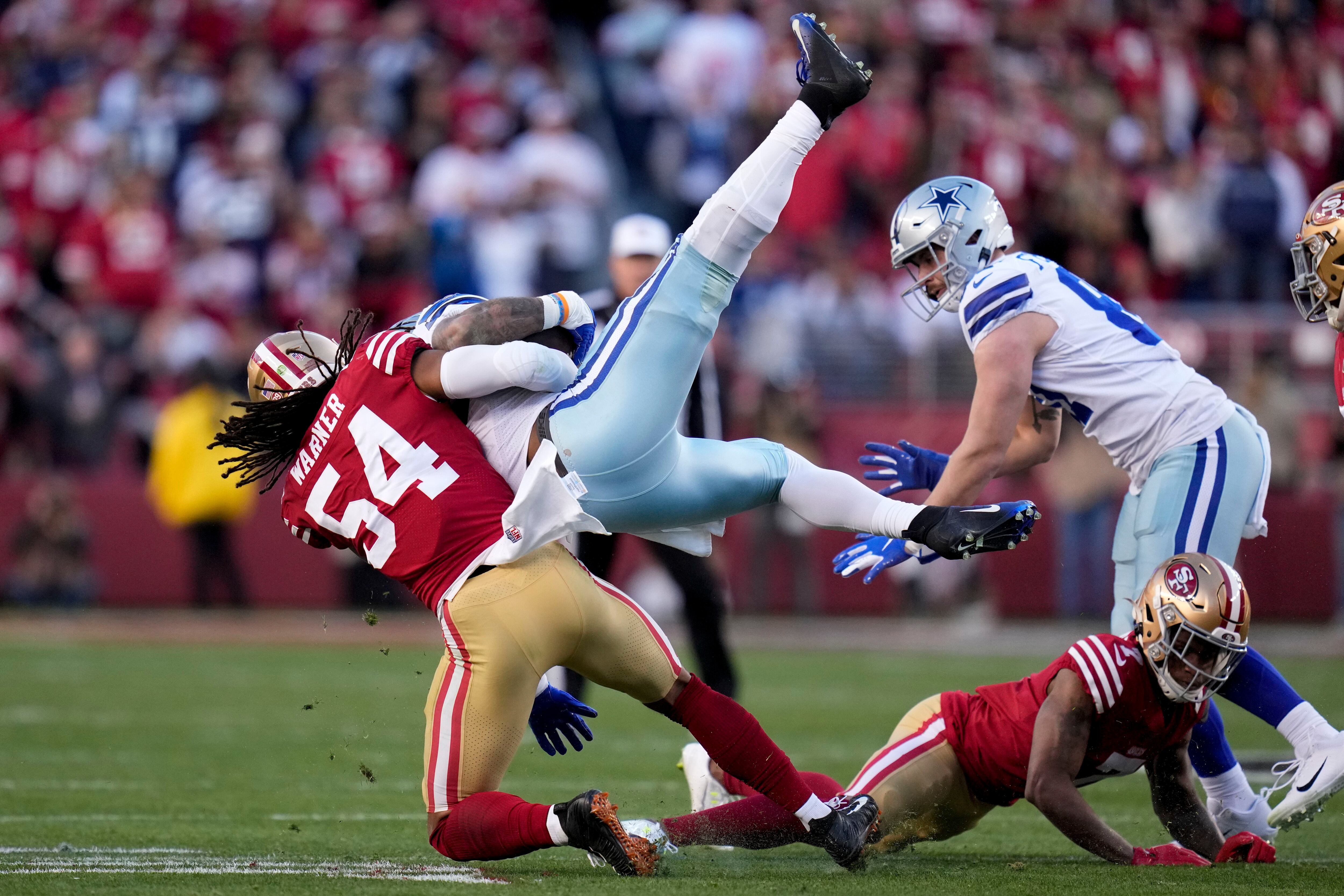 San Francisco 49ers linebacker Fred Warner (54) and Dallas Cowboys