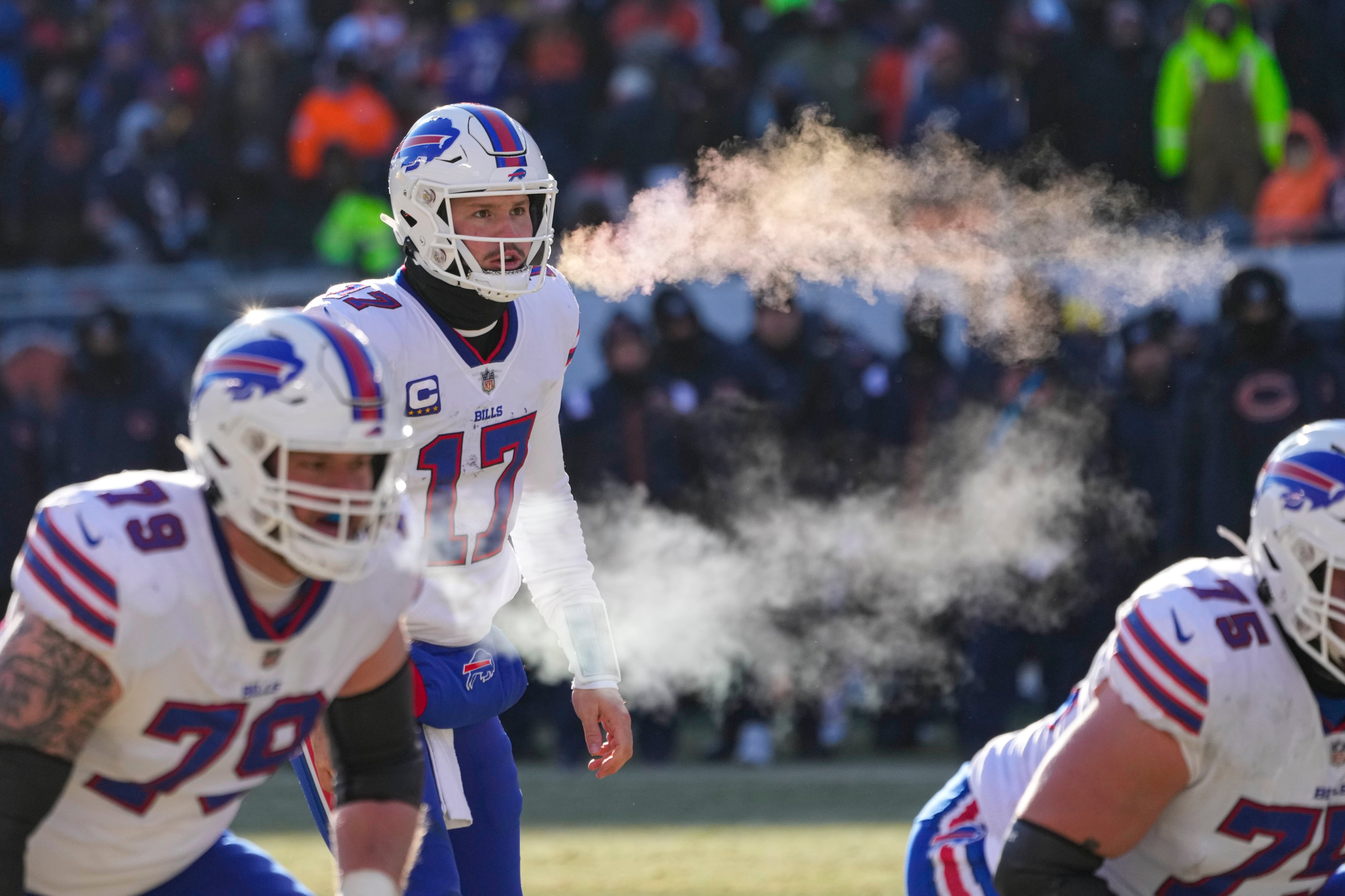 Buffalo Bills tackle Spencer Brown (79) walks on the field during the first  half of a