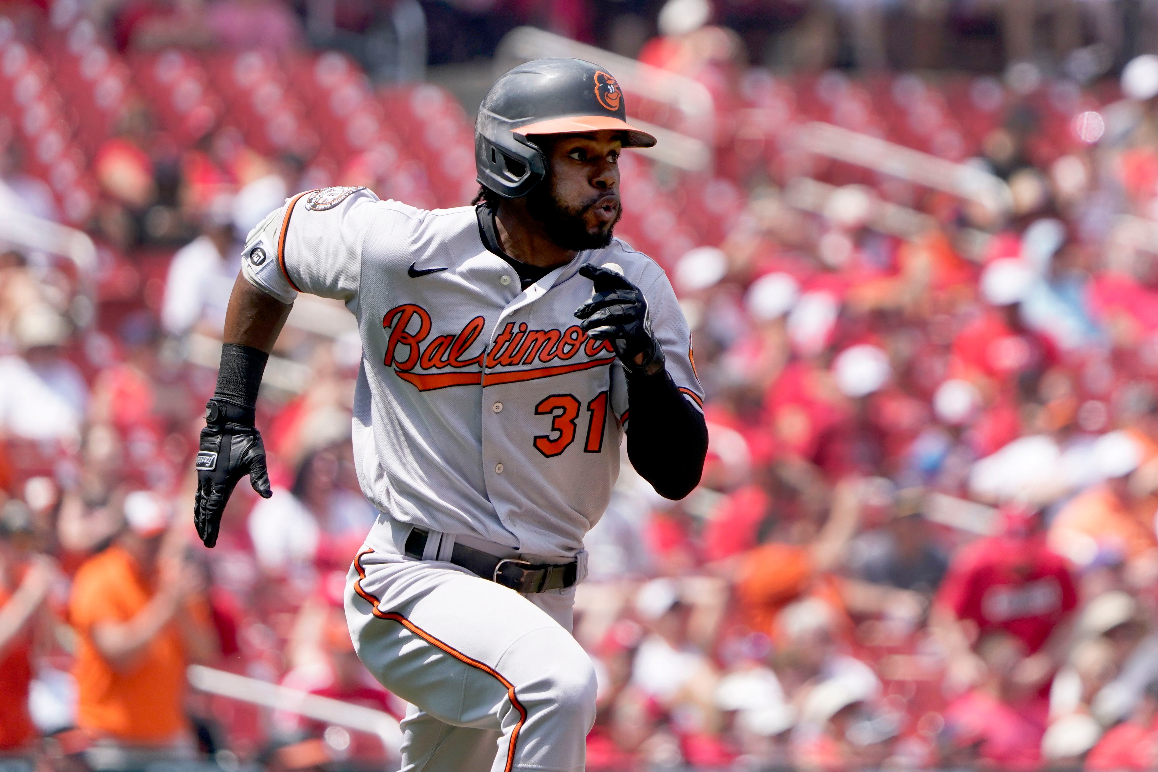 Baltimore Orioles' Jorge Mateo celebrates as he rounds the bases after  hitting a solo home run during the second inning of a baseball game against  the St. Louis Cardinals Thursday, May 12