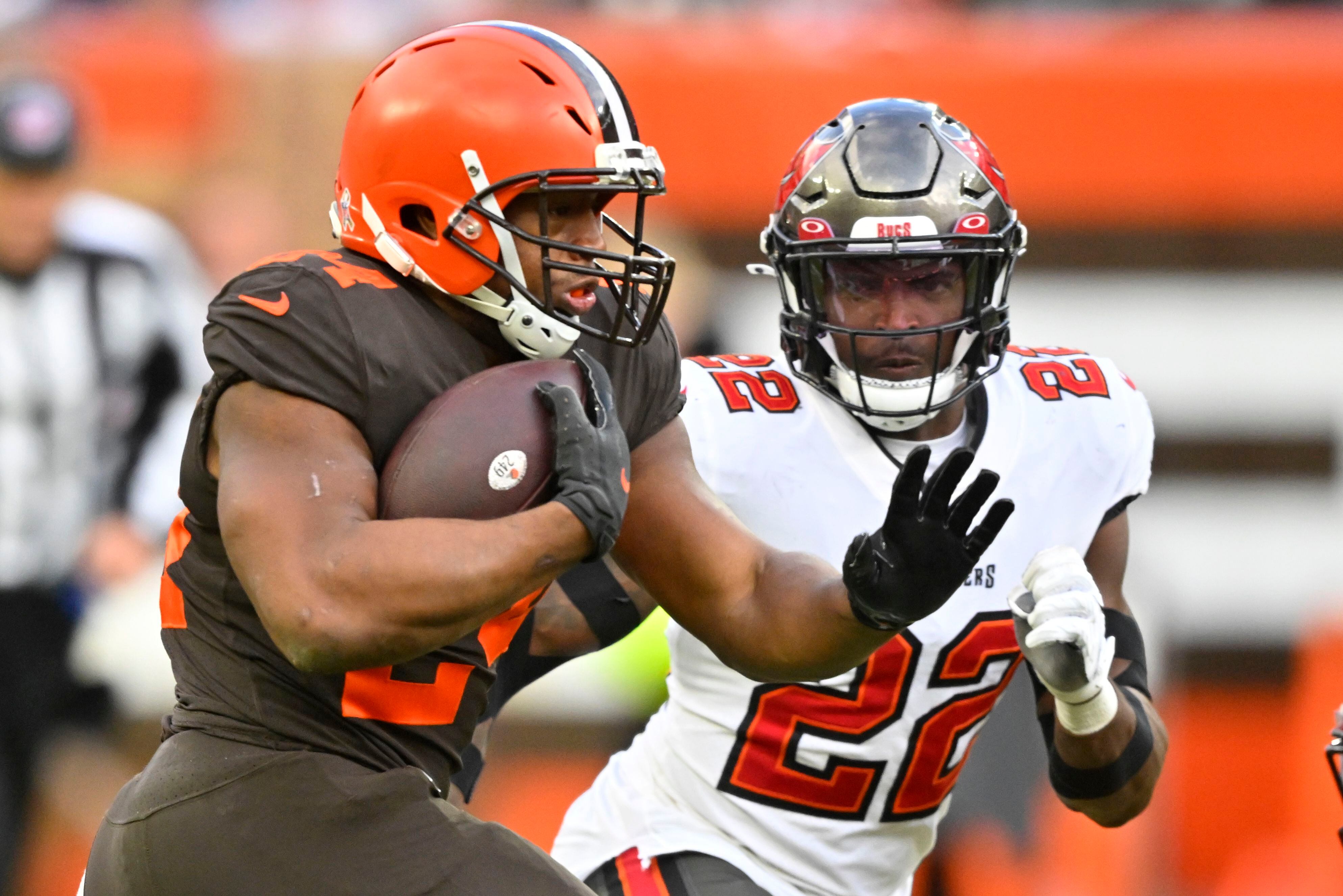 Cleveland Browns defensive end Myles Garrett (95) celebrates after sacking Tampa  Bay Buccaneers quarterback Tom Brady (12) during the second half of an NFL  football game in Cleveland, Sunday, Nov. 27, 2022.