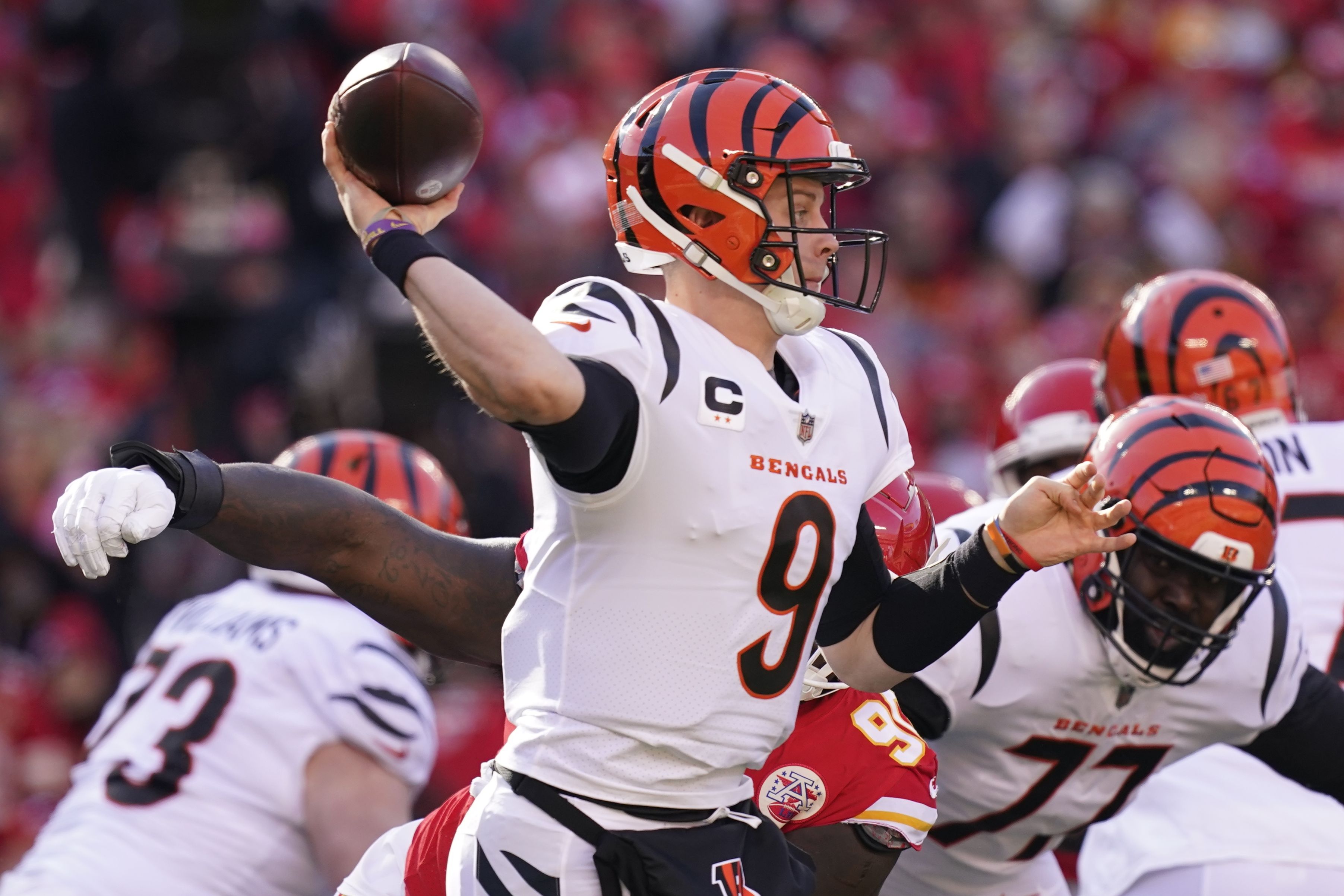 Cincinnati Bengals quarterback Joe Burrow (9) runs onto the field during  the first half of the AFC championship NFL football game against the Kansas  City Chiefs, Sunday, Jan. 30, 2022, in Kansas