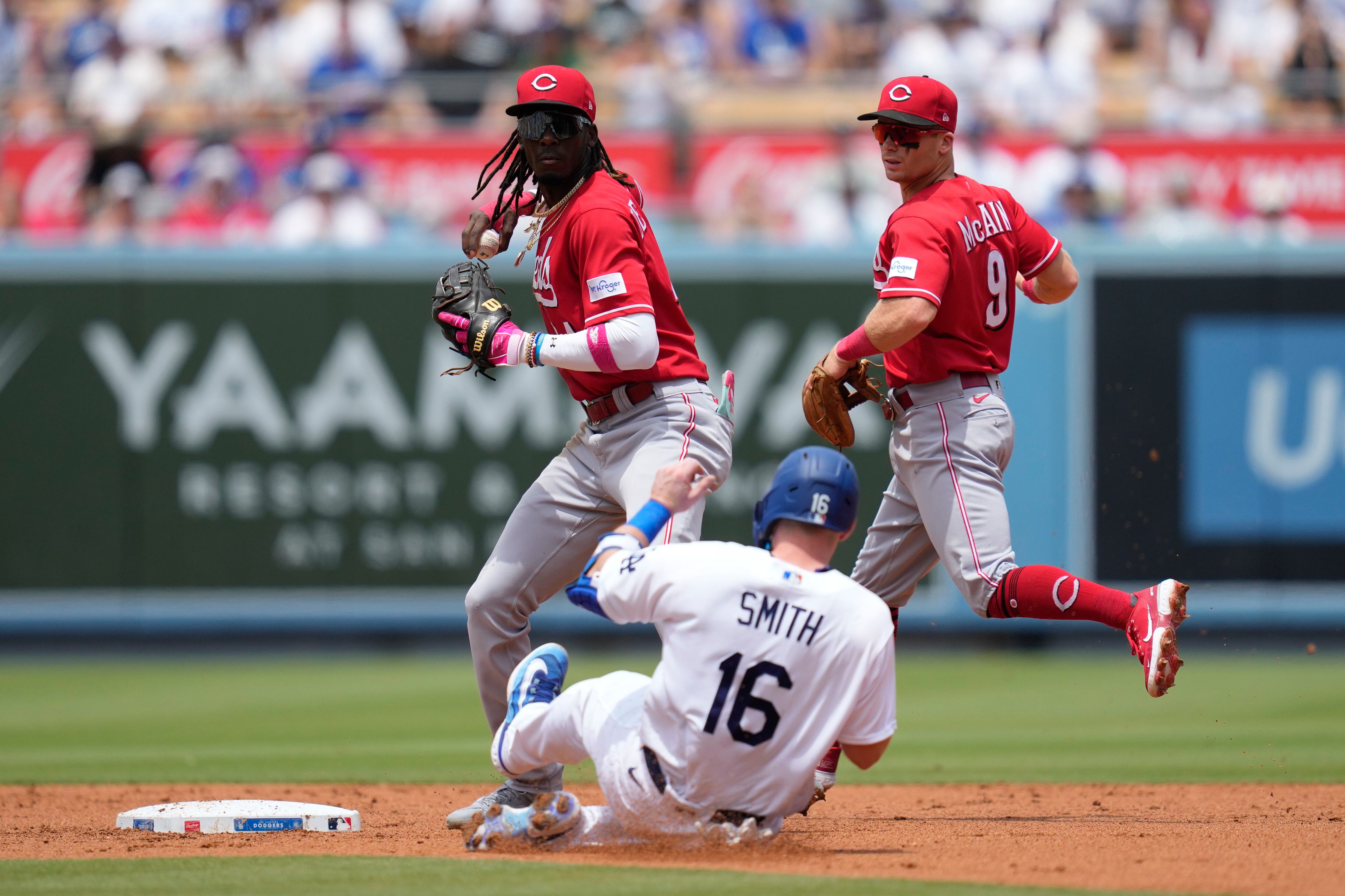 Cincinnati Reds' Elly De La Cruz (44) puts on a viking helmet after hitting  a home run during the second inning of a baseball game against the Los  Angeles Dodgers in Los