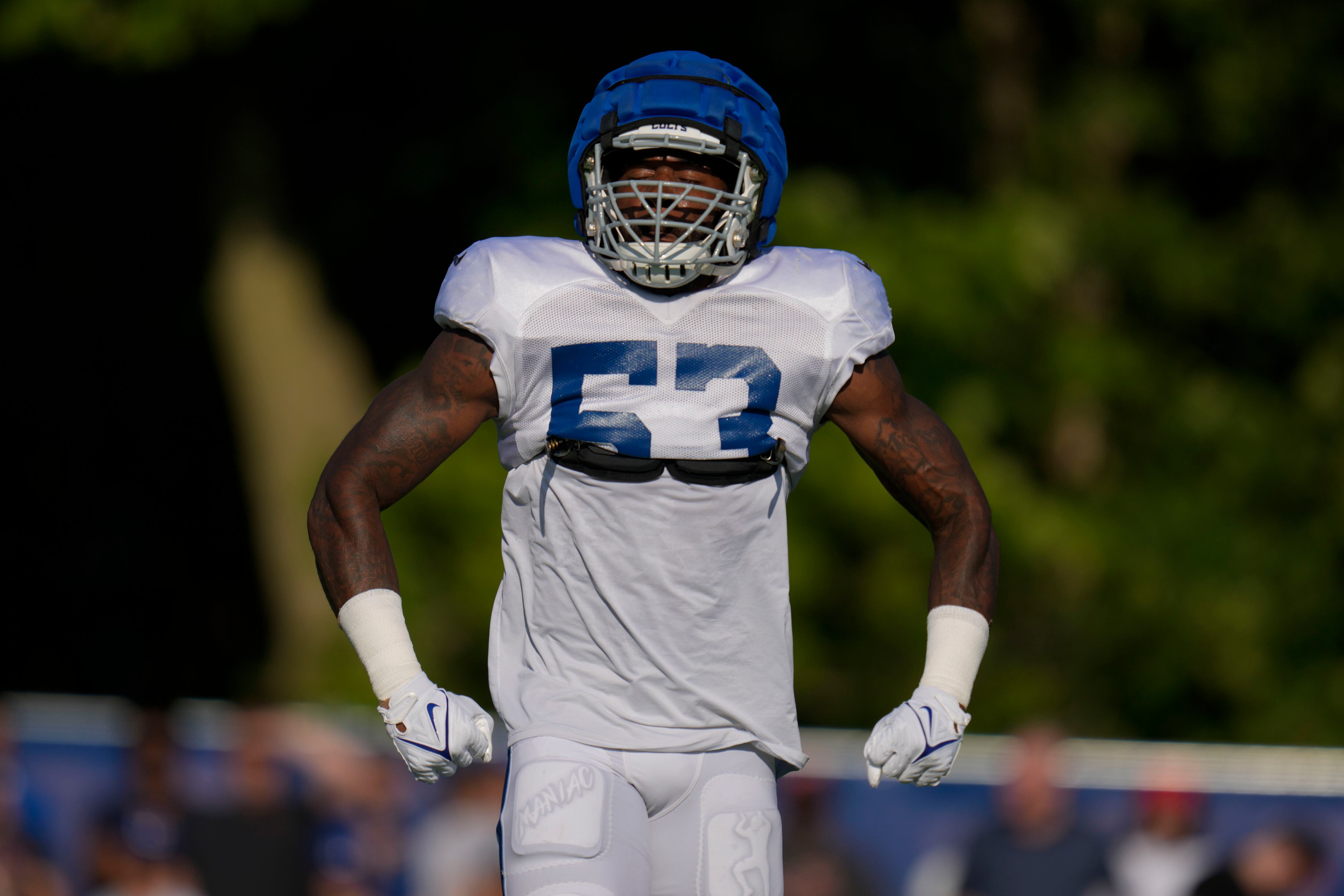 Indianapolis Colts outside linebacker Darius Leonard (53) celebrates a play  during an NFL football game between