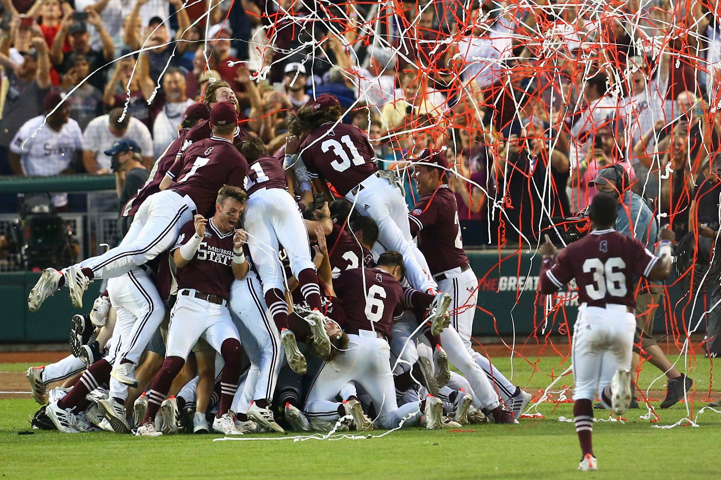 Mississippi State baseball after Vanderbilt game in CWS finals Game 1