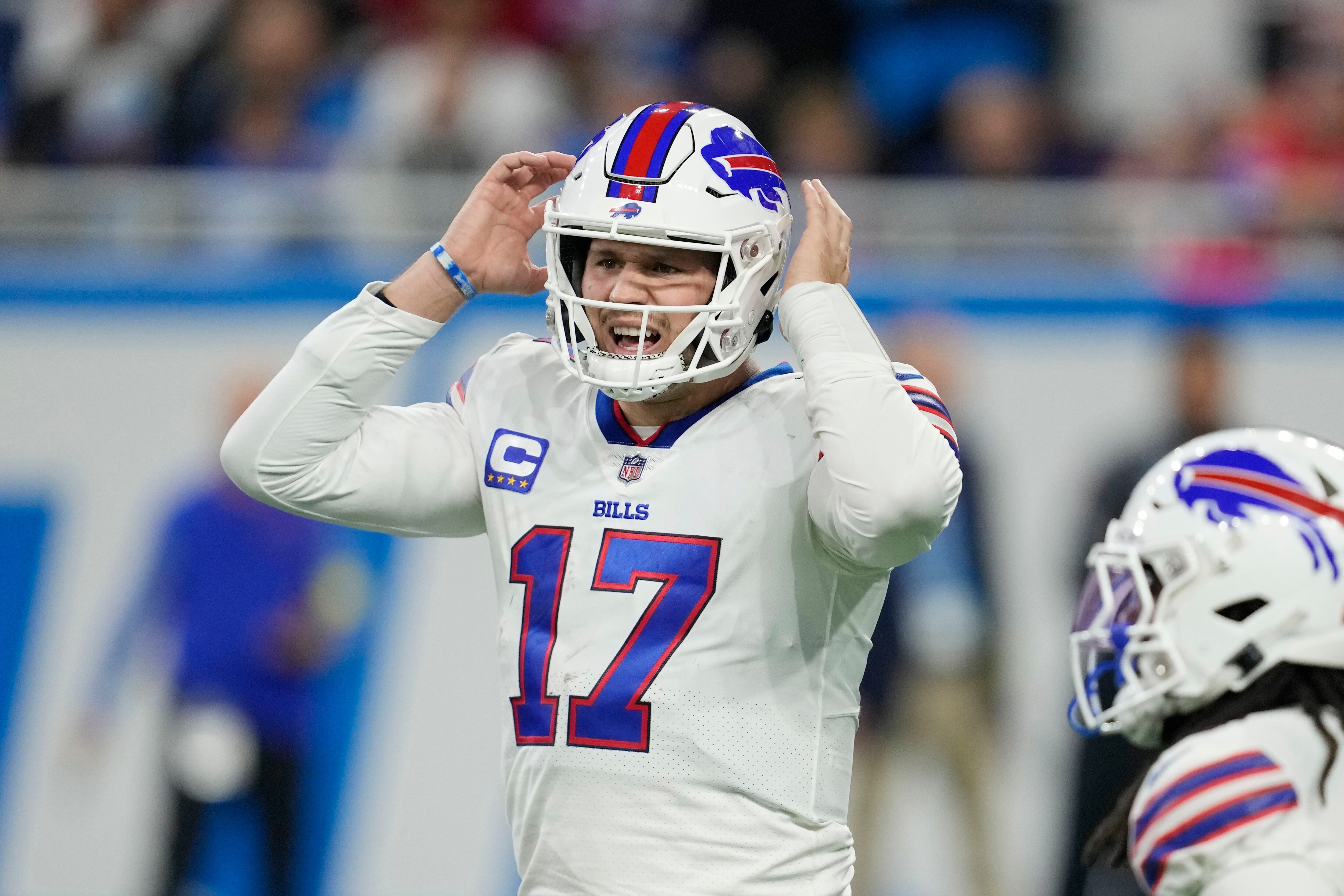 FILE - Buffalo Bills linebacker Von Miller plays during the second half of  an NFL football game against the Cleveland Browns, Sunday, Nov. 20, 2022,  in Detroit. Edge rusher Miller, still recovering