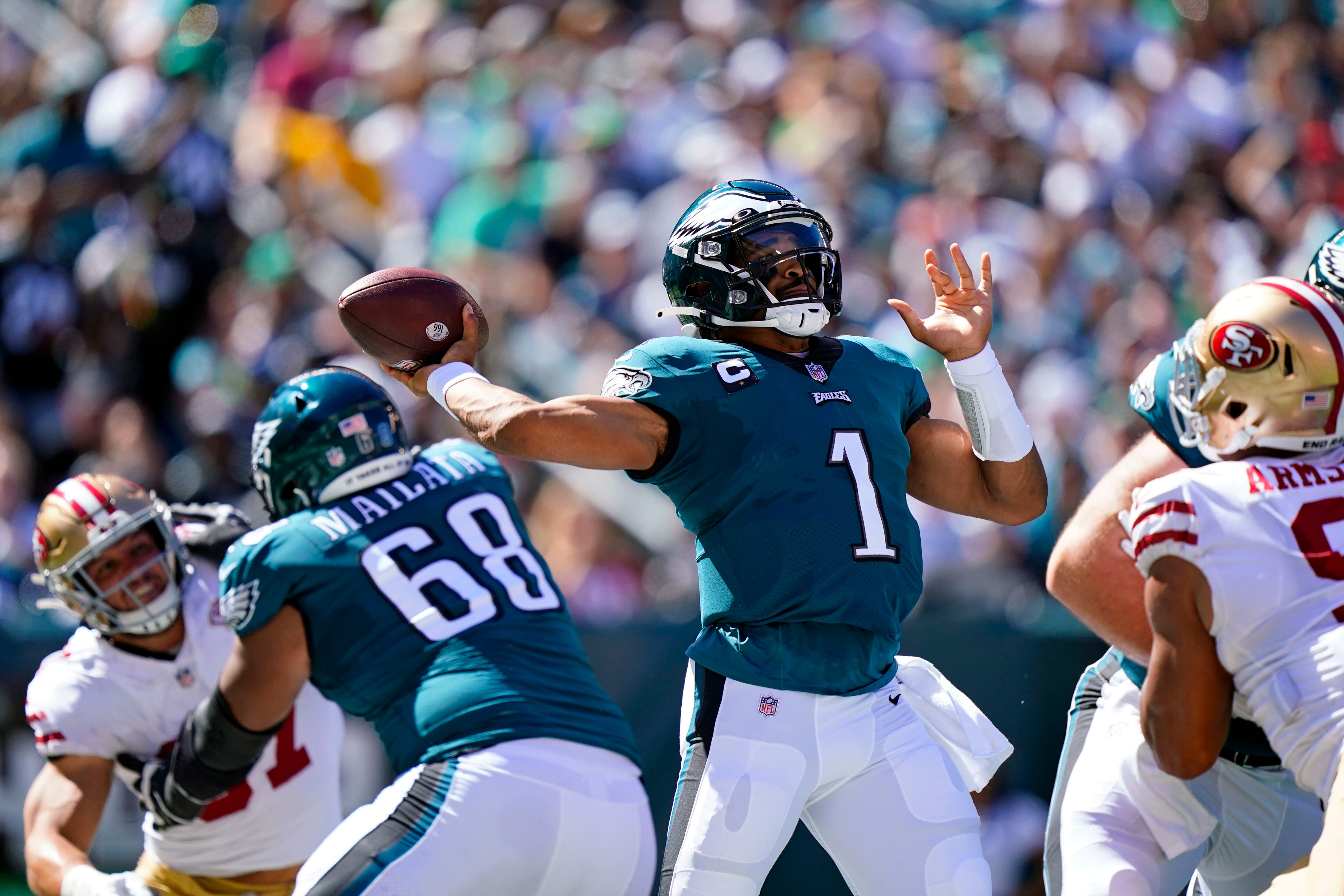 Eagles NFL Playoffs: Rocky statue sporting Jalen Hurts jersey