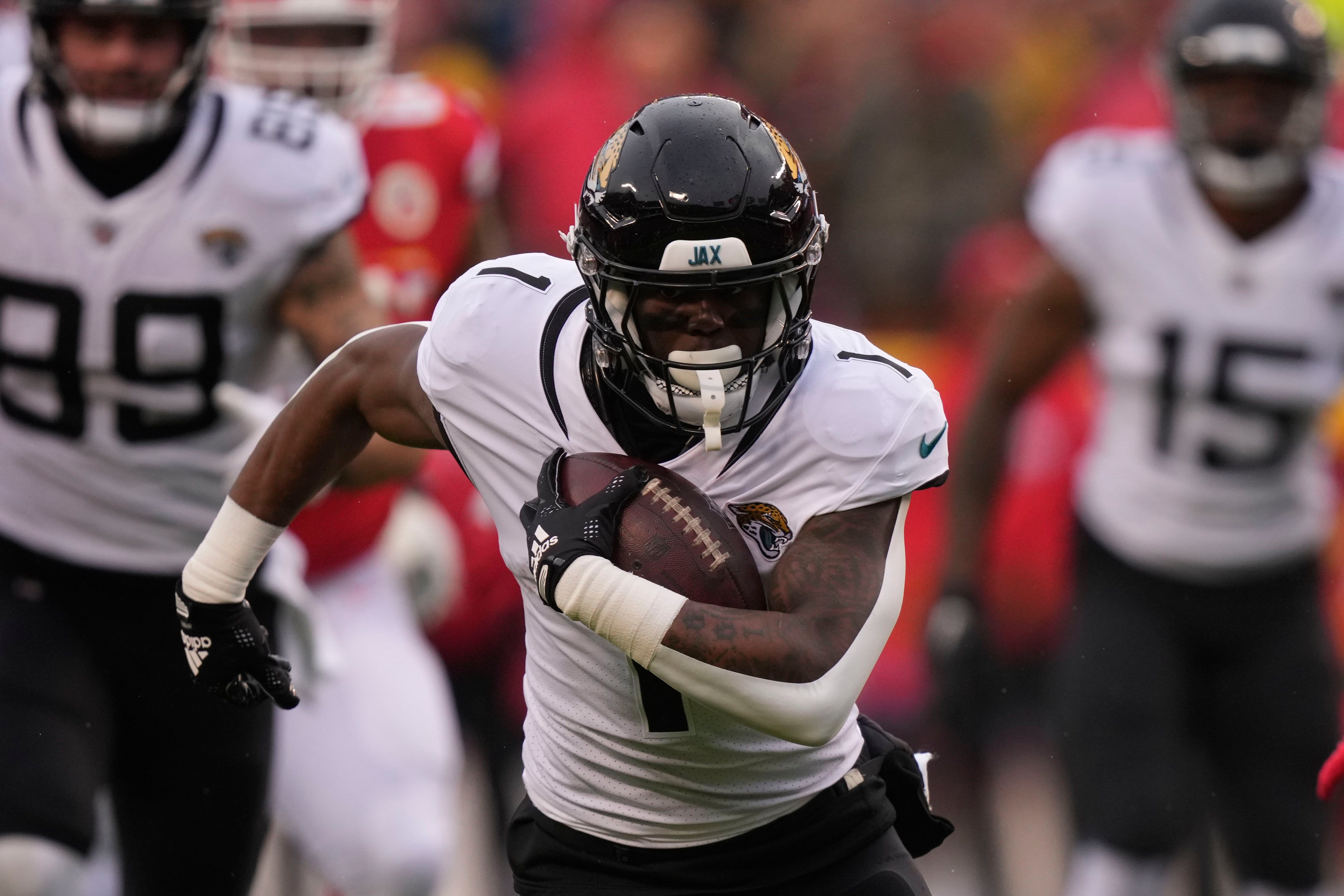 Kansas City Chiefs running back Isiah Pacheco celebrates with fans after a  win against the Jacksonville Jaguars during an NFL Divisional Playoff  football game Saturday, Jan. 21, 2023, in Kansas City, Mo. (