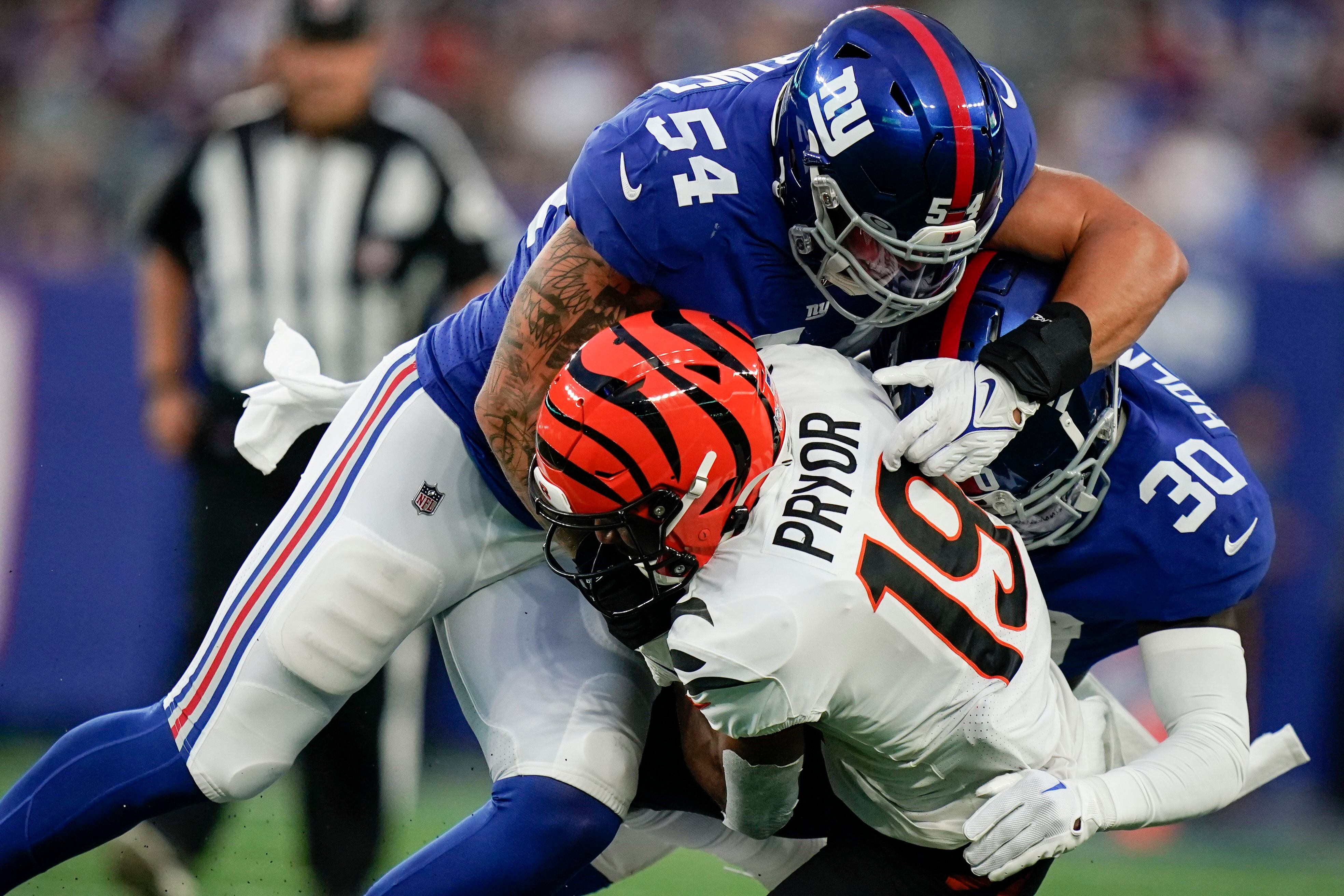 New York Giants wide receiver Alex Bachman (81) celebrates after scoring a  touchdown during an NFL preseason football game against the Cincinnati  Bengals, Sunday, Aug. 21, 2022 in East Rutherford, N.J. The