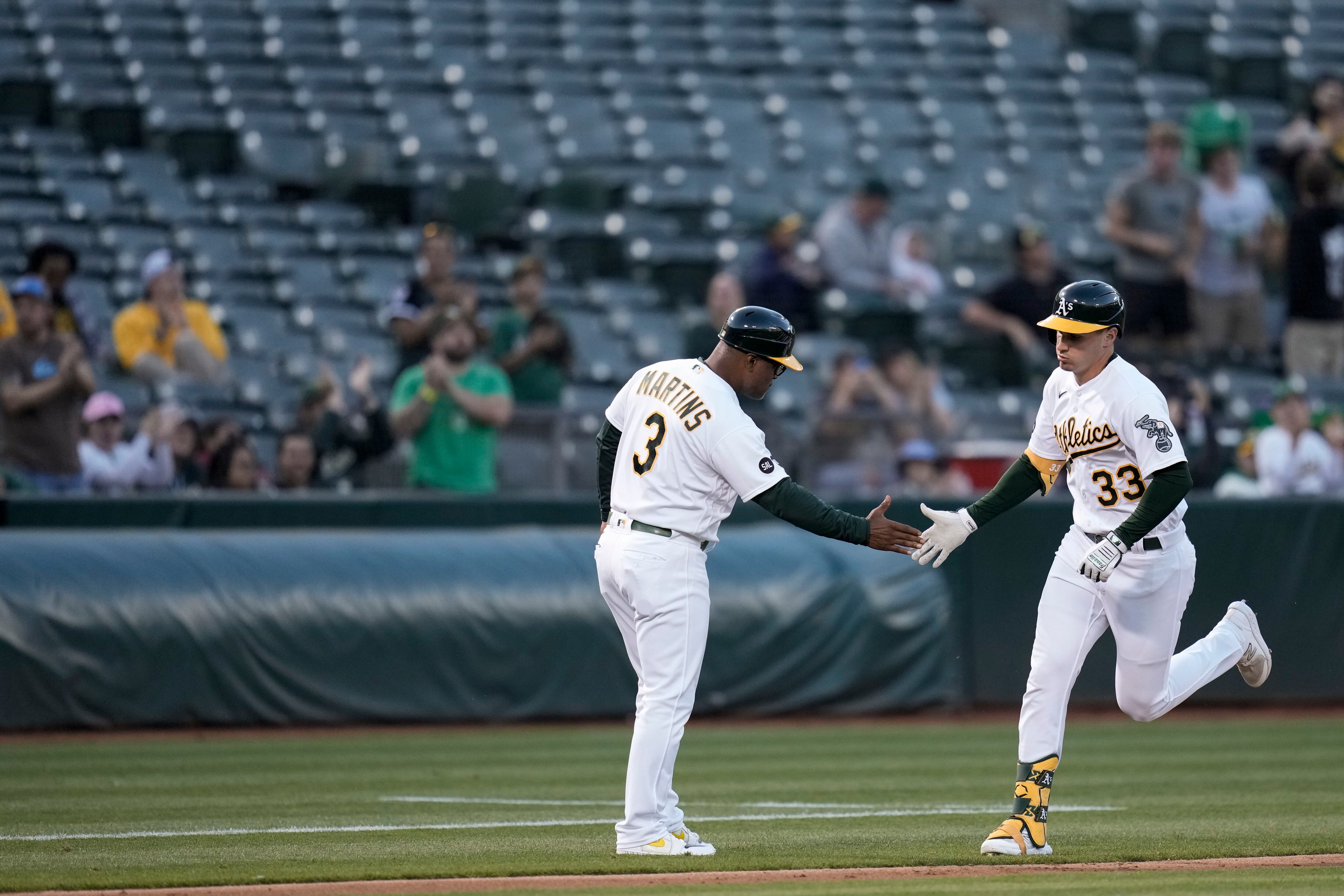 Oakland Athletics left fielder JJ Bleday (33) in the third inning